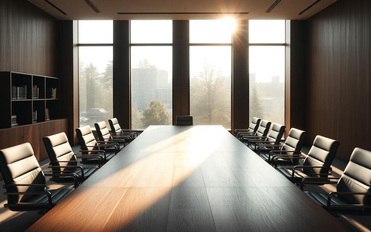Empty boardroom at sunrise